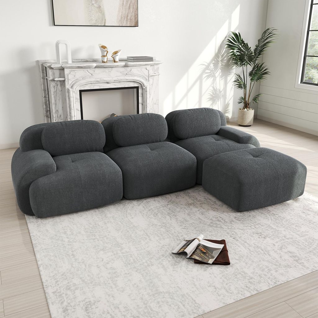 3-Sitzer-Sofa aus Cord, modulares Bodensofa, L-förmige Sitzgruppe, rahmenlose Sofas mit geschwungenen Armlehnen und rutschfester Unterseite, Grau