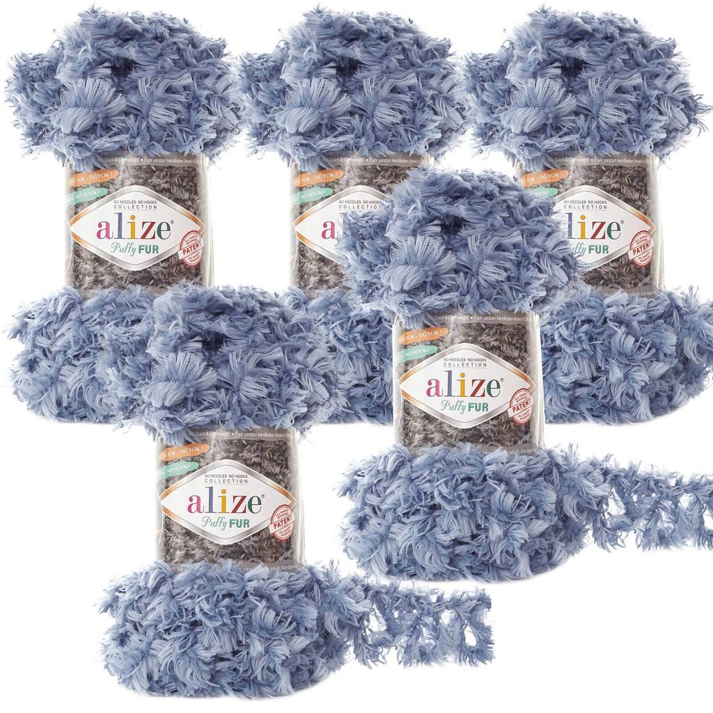 5 x 100g Strickgarn ALIZE Puffy Fur Uni, Fransenstrickgarn Fingerstrick-Wolle ohne Nadel Farbwahl, Farbe:6106 himmelblau