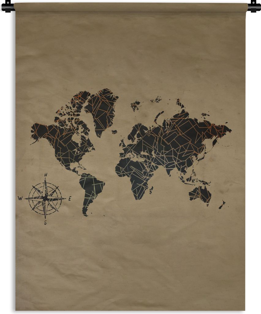 MuchoWow Wandteppich Wandbehang Weltkarte - Vintage - Kompass 90x120 cm Tapisserie Dekoration Wandtuch - Wanddeko
