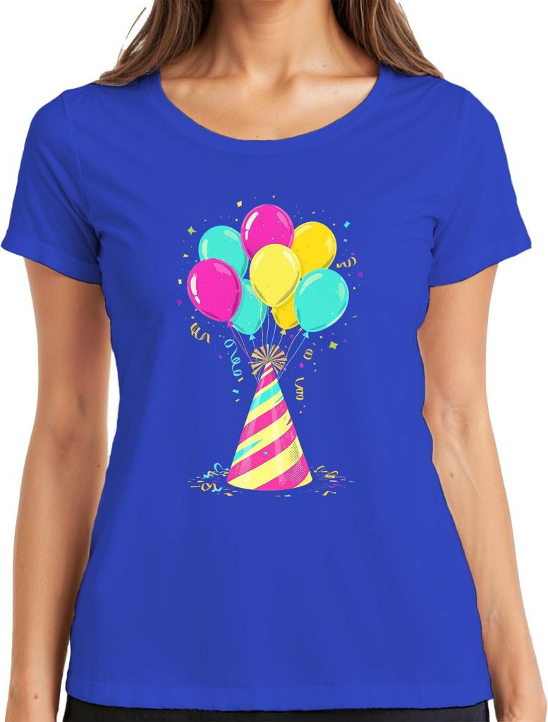 Clown Hut Ballons Konfetti Partyhut Bunt Karneval Geschenk Damen T-Shirt, Blau, XXL
