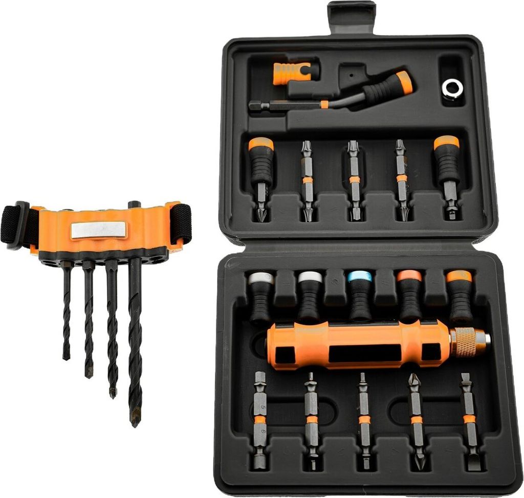 9 Magnet Driver+1 Magnetband+10 Doppelbits+4 Bohrer+1 Nagelhalter+1 Ringstopper+1 Griff
