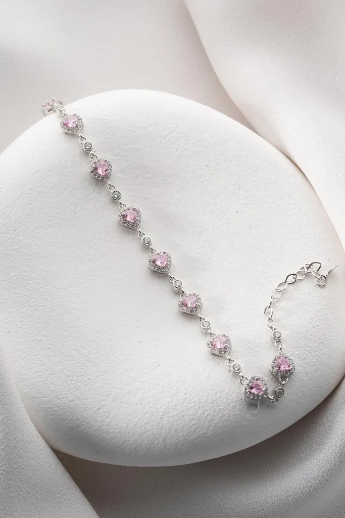 Bracelet cœurs en argent 925 et oxydes roses, chaîne de 18cm ajustable