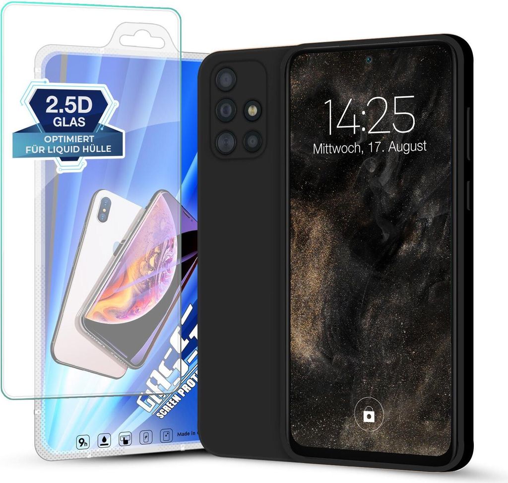 Hülle für Samsung Galaxy A51 mit 9H Displayglas Displayschutz Plus Case Cover Bumper Silikon Softgrip Schutzhülle Farbe: Schwarz
