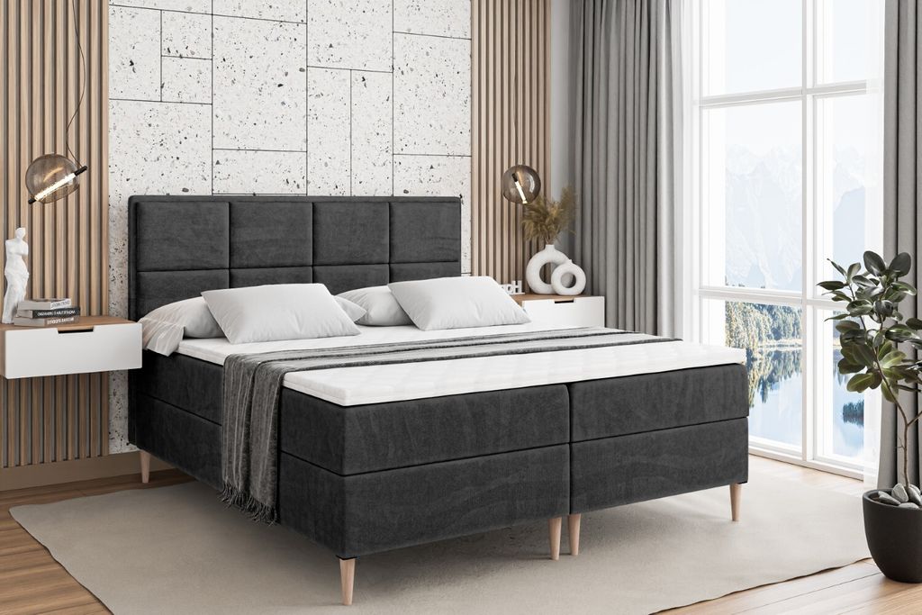 ALTDECOR Boxspringbett mit Holz Füßen, Matratze und Lattenrost, Boxbett, Topper, Polsterbett mit Bettkasten, Bett mit Stauraum H3-Matratze, Doppe...