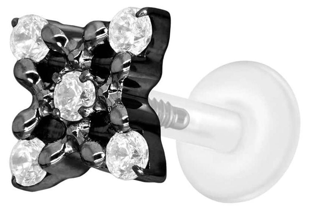 Ohrpiercing, Nasenpiercing PTFE Labret mit Innengewinde + Titan-Aufsatz KRISTALLBLUME Schwarz Stablänge: 5mm | Stabstärke: 1,2mm