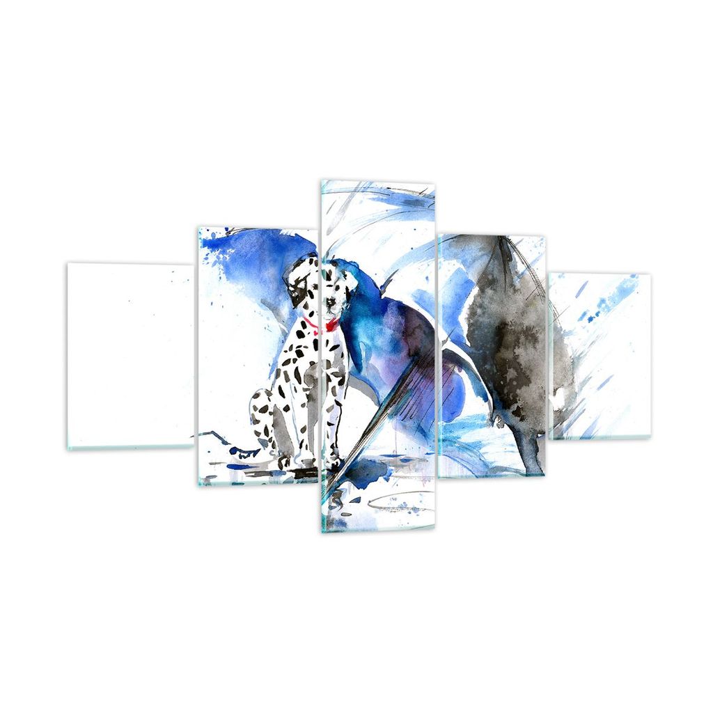 Bilder auf glas - Hund Regenschirm Regen Wetter - 125x70cm - Glasbilder - Wandbilder - Kunstdruck - zum Aufhängen bereit - Wanddekoration aus Glas...