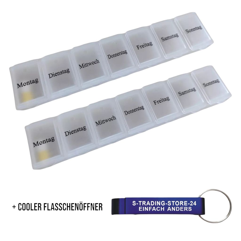 Pillendose 7 Tage Pillenbox transparent Tablettendose Tablettenbox für unterwegs 2 Stück + Flaschenöffner blau