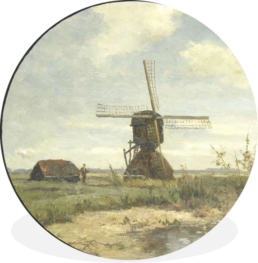 MuchoWow Aluminium Wandkreis Sonniger Tag, eine Mühle am Kanal - Gemälde von Paul Joseph Constantin Ø 90 cm Wanddeko Modern Wohnzimmer - Mauer...