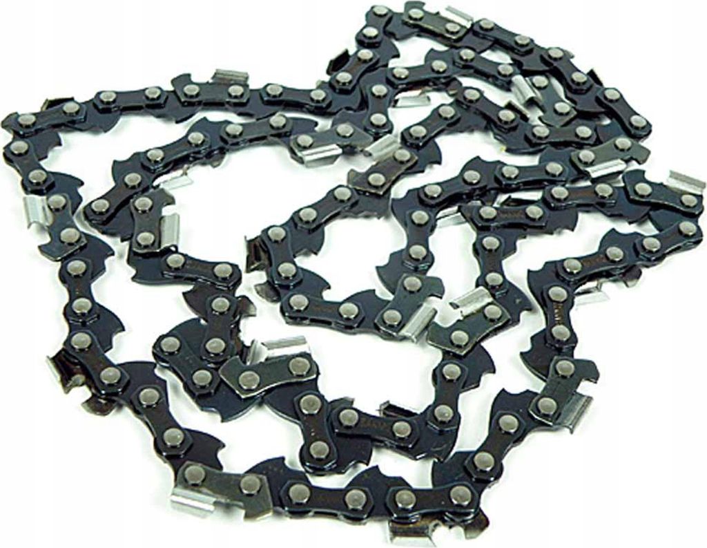 A close-up, coiled view of a black chainsaw chain with silver rivets, laid out on a white background.
