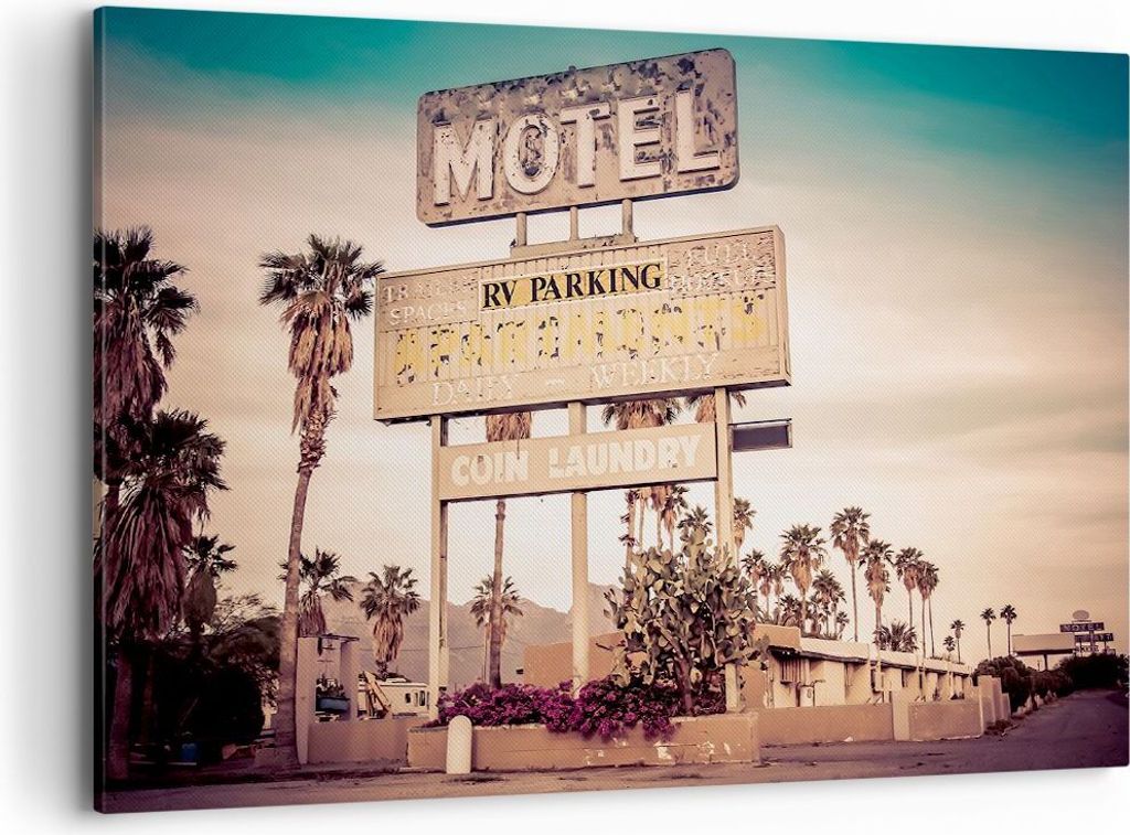 Bild auf Leinwand - Leinwandbild - Amerika Motel Straße Zeichen - 100x70cm - Wand Bild - Wanddeko - Leinwanddruck - Bilder - Kunstdruck - Wanddeko...