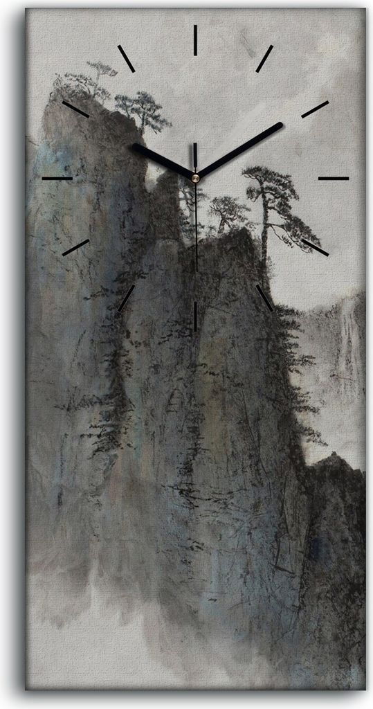 Wandkunst Leinwand Bild Uhr 30x60 Malerei Asiatische Berge Nebel Bäume - schwarze Hände