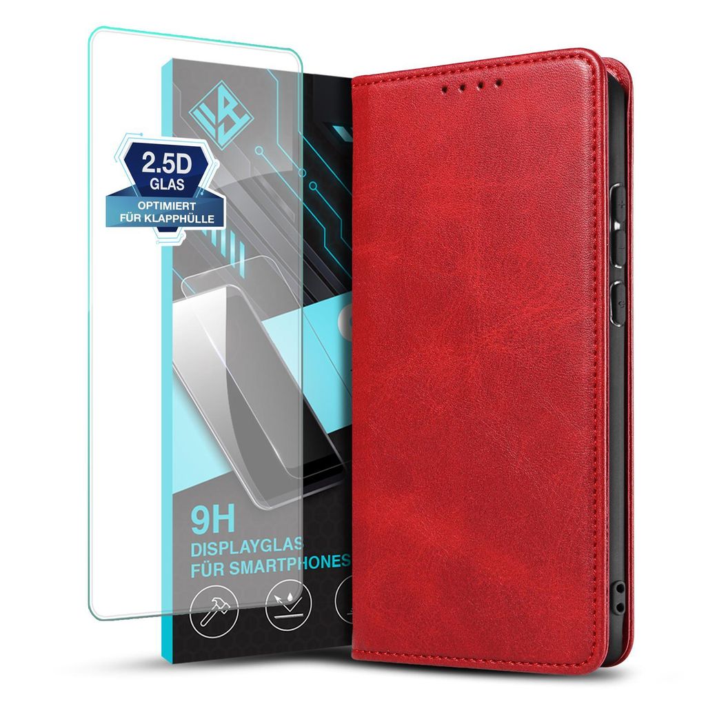 Handyhülle für Motorola Moto G54 mit 9H Displayglas Kunstleder Flip Cover Hülle Handytasche Case Kartenfach Farbe: Rot