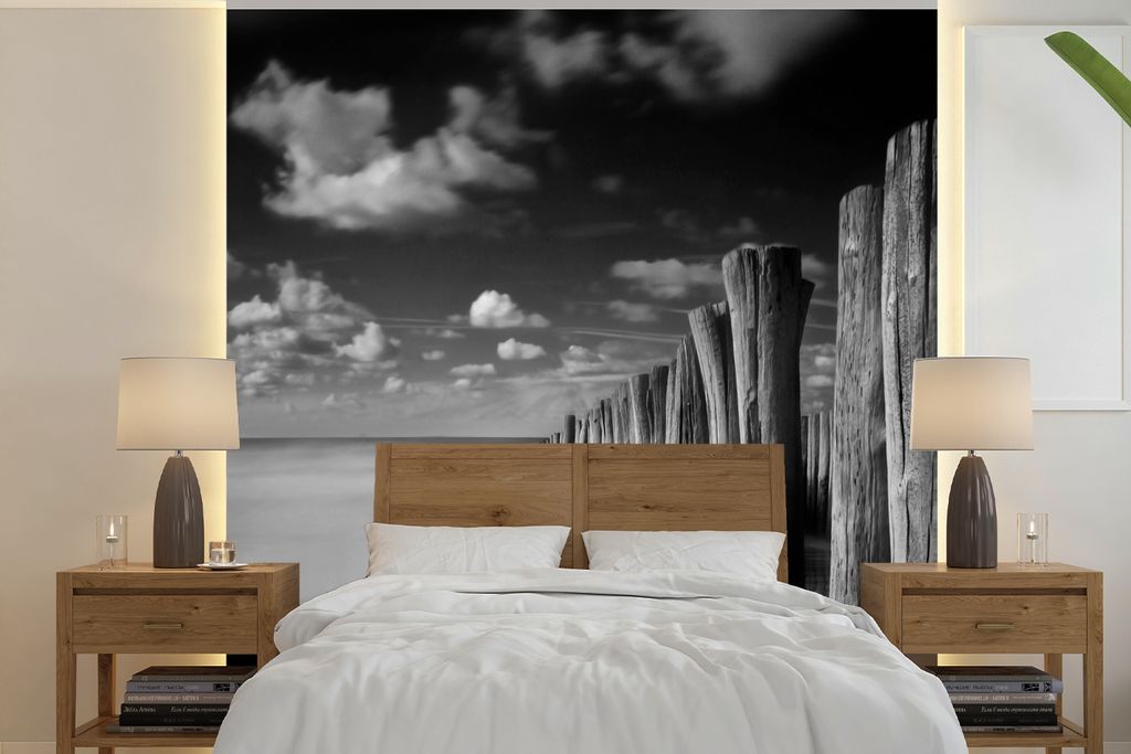MuchoWow Fototapete für Wohnzimmer oder Schlafzimmer Wandtapete Vinyl Motivtapete Stürmisches Wetter Schwarz-Weiß-Fotodruck - 240x240 cm - Sch...
