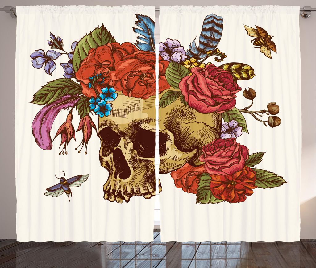 ABAKUHAUS gotisch Rustikaler Gardine, Schädel-Blumen-Bienen, Schlafzimmer Kräuselband Vorhang mit Schlaufen und Haken, 280 x 175 cm, Mehrfarbig