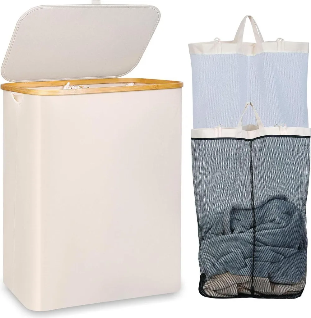 Grand Bac à Linge 2 Compartiments 150L Beige avec Finition en Bambou