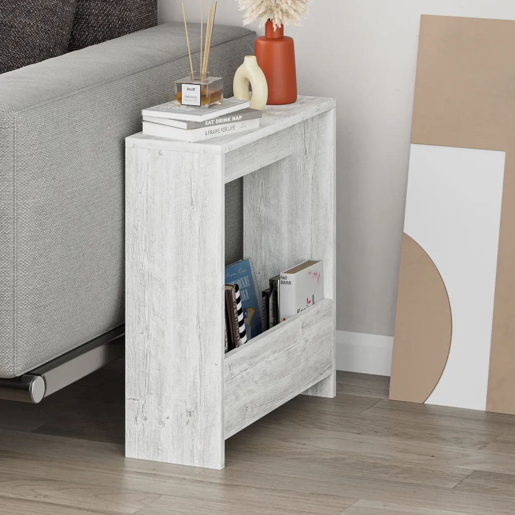 Table de rangement scandinave VALLA blanc antique - Design bois massif