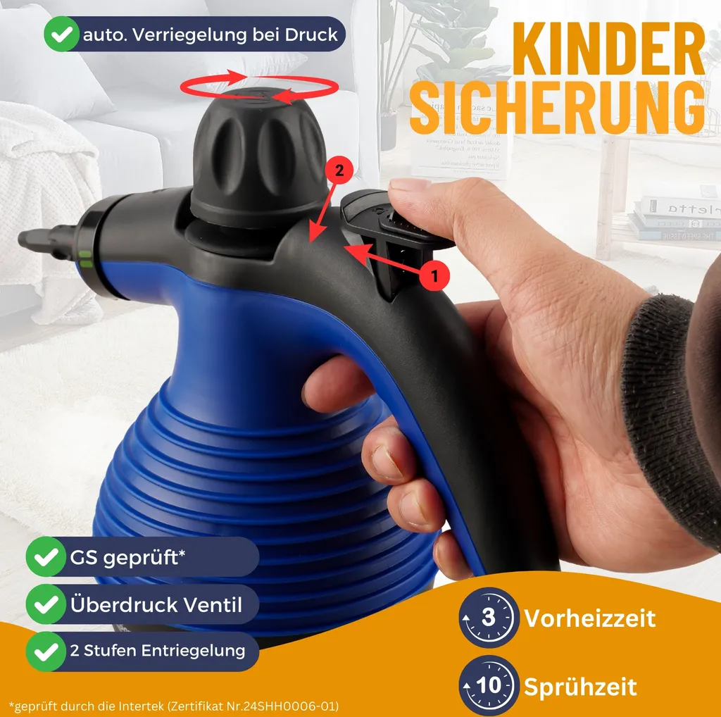 Pulitore a vapore portatile Sommertal SC350 - Pulitore a vapore portatile compatto per tutto: mobili imbottiti, piastrelle, pavimenti, ecc. - Pulitore a vapore con serbatoio da 350 ml, vapore a 110°C, pressione di 3 bar - 5