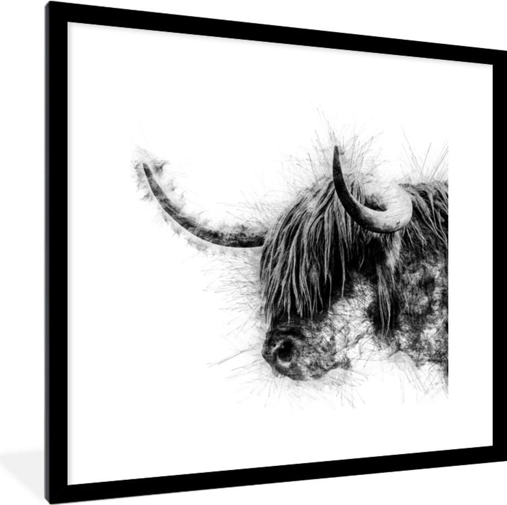 MuchoWow MuchoWow Gerahmtes Poster Porträt Schottisches Hochlandrind - Schwarz und Weiß 40x40 cm - Poster mit zchwarzem Bilderrahmen - Poster...