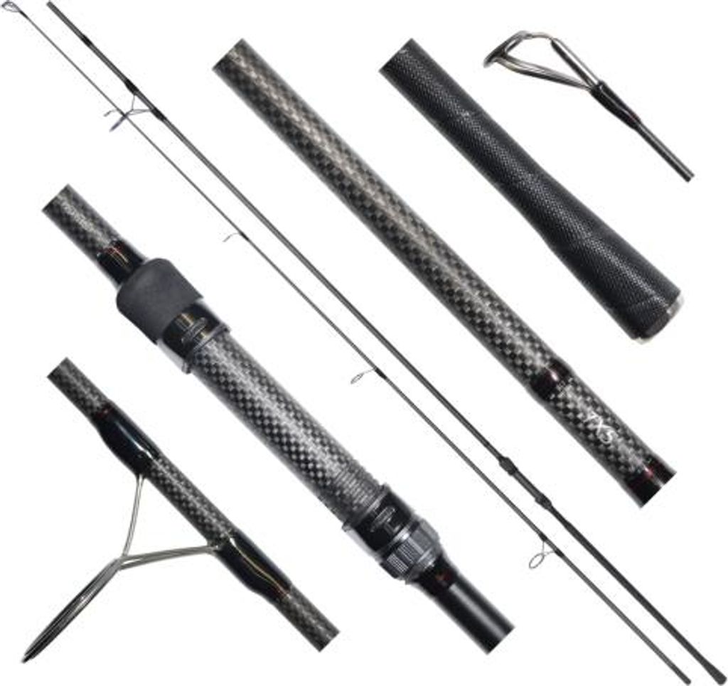A fishing rod and its components are displayed against a white background.
