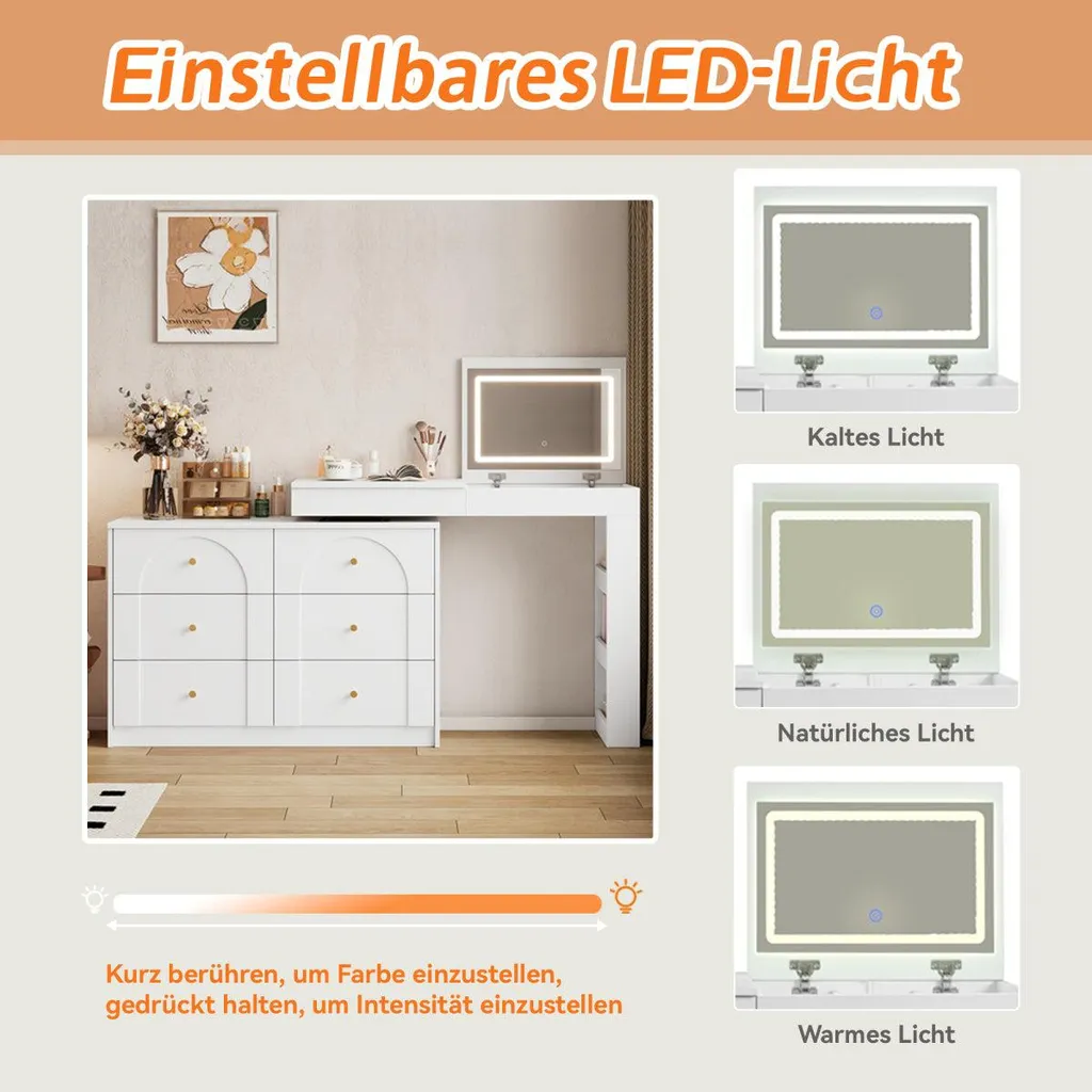 Coiffeuse avec miroir LED pour coin maquillage et espace bureau