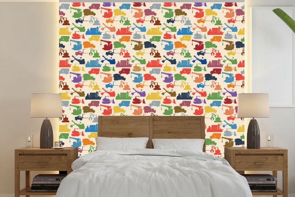 MuchoWow Fototapete für Wohnzimmer oder Schlafzimmer Wandtapete Vinyl Motivtapete Muster - Kranich - Stiefel - Jungen - Kinder - 220x220 cm - Ta...