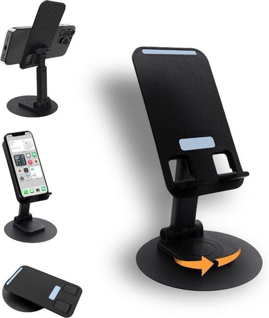Mobiele bureaubladstandaard, draaibaar, verstelbaar, antislip, draagbaar, voor meerdere apparaten, iPhone-houder, zwart