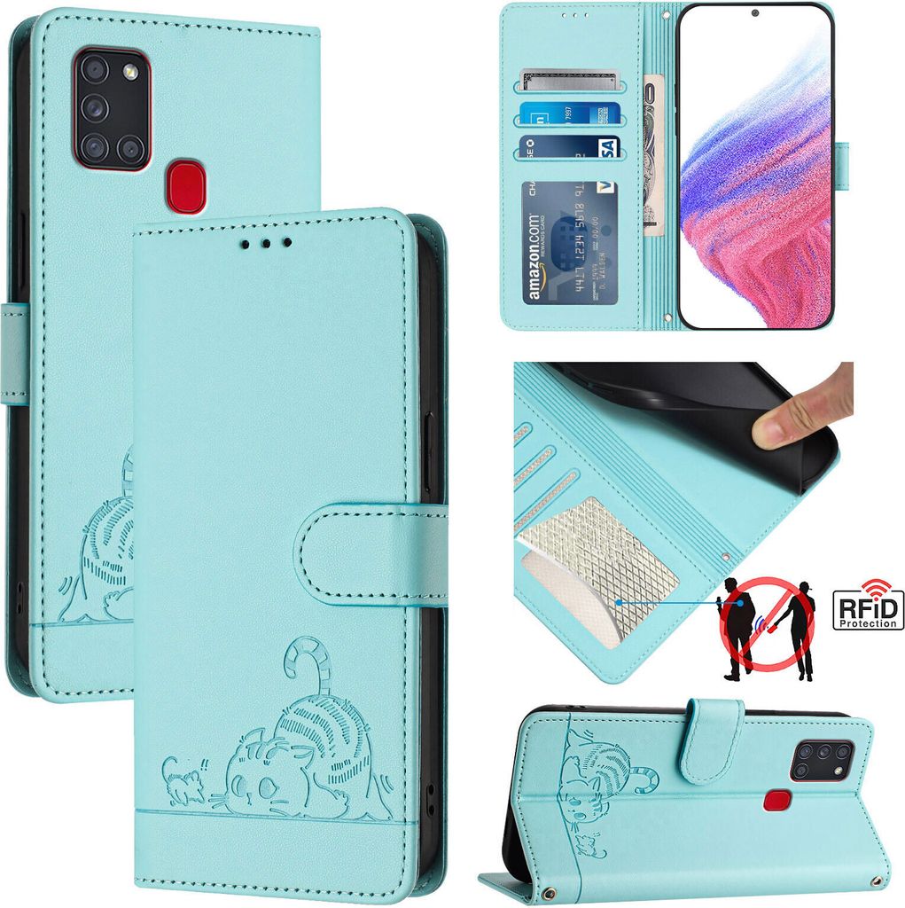 Leder Hülle für Samsung Galaxy A21S Süße Katze Flip Case Brieftasche Schutzhülle mit Standfunktion hellgrün