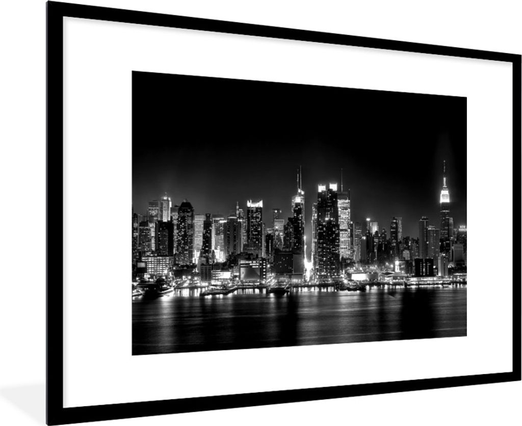 MuchoWow Gerahmtes Poster New Yorker Skyline - schwarz und weiß 90x60 cm - Poster mit Schwarzem Bilderrahmen Wandposter Rahmen Foto Bilder - Wan...