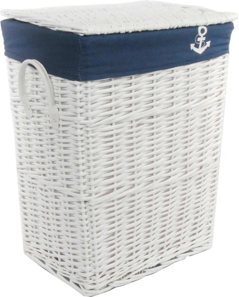 Cesto Biancheria Vimini Bianco 90L Rettangolare | Coperchio Blu Navy