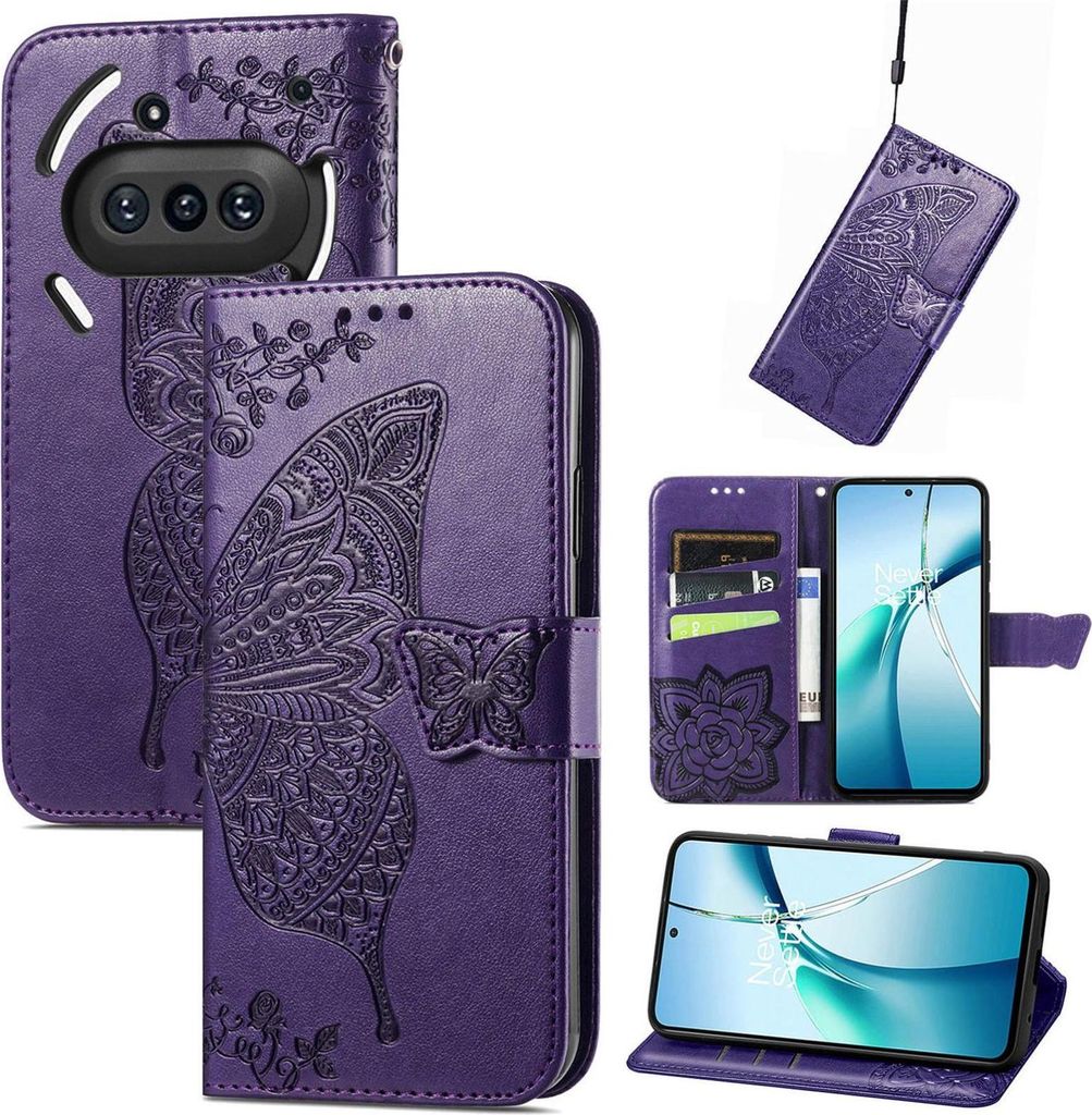 Für Nothing Phone 3a Kunstleder Wallet Handy Tasche Schmetterling Design Hülle Etuis Lila