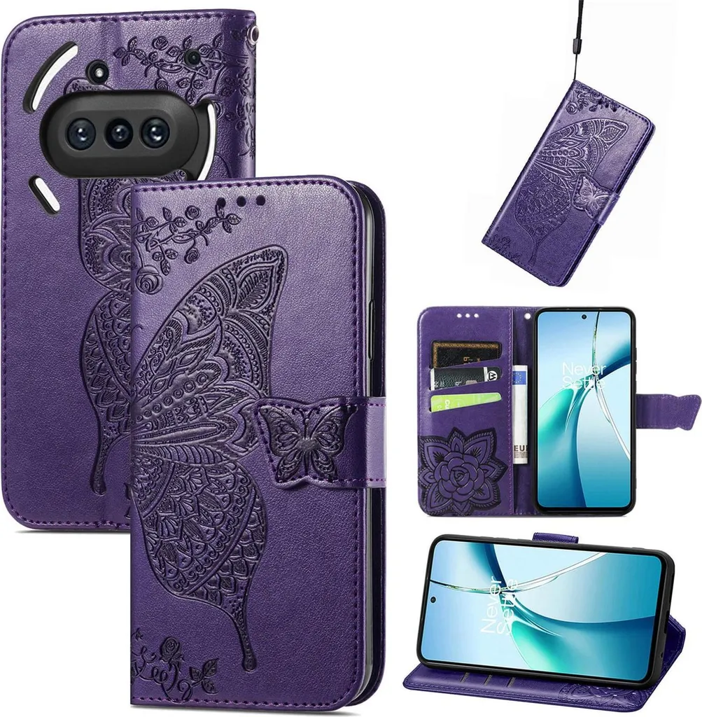 Custodia Elegante Nothing Phone 3a Farfalla Viola in Ecopelle