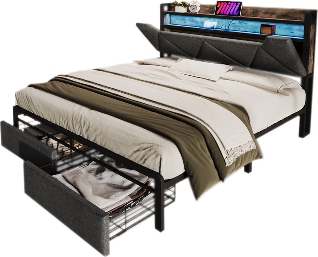 Polsterbett mit USB Typ C Ladefunktion Stauraum-Kopfteil und LED-Beleuchtung und Schubladen, Doppelbett 140x 200 Stauraumbetten Bettgestell