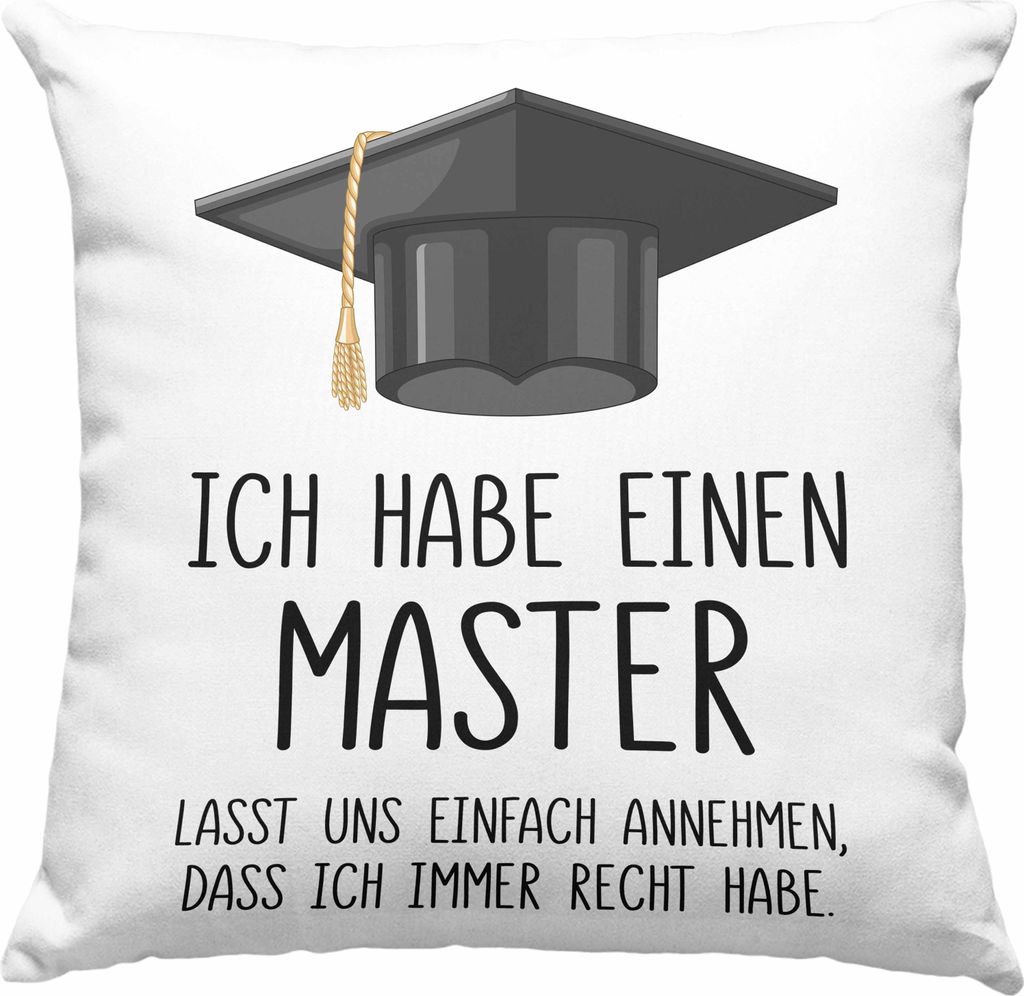 Trendation - Master Bestanden Geschenk Abschluss Deko-Kissen mit Füllung 40x40 Spruch Master Graduation Bestandene Prüfung Geschenkidee (Blau)