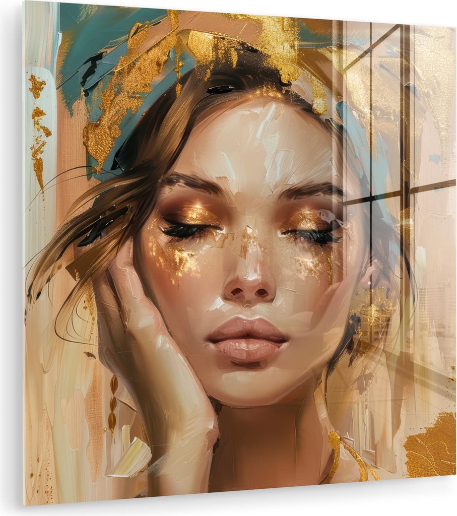 MuchoWow Glasbilder - Bilder auf Wandbild - Foto auf Glas Frauen - Porträt - Luxus - Gold 90x90 cm Wanddekoration aus Glas - Acrylglasbild - Acryl...