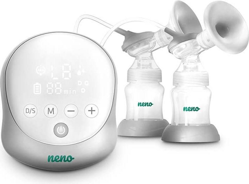 A white electric breast pump with two attached bottles and funnels, set against a white background.
