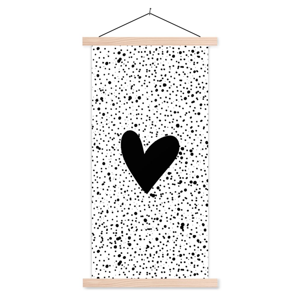 MuchoWow Textilposter Herz - Design - Weiß 60x120 cm mit holzfarbenen Rahmen - Holz