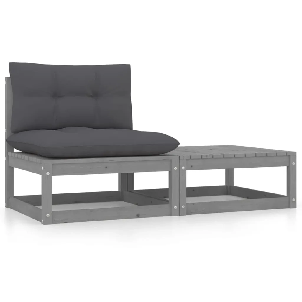 Salon de jardin 2 places en bois massif gris avec coussins confort