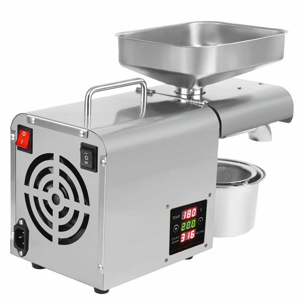 A stainless steel automatic oil press machine is shown against a white background.