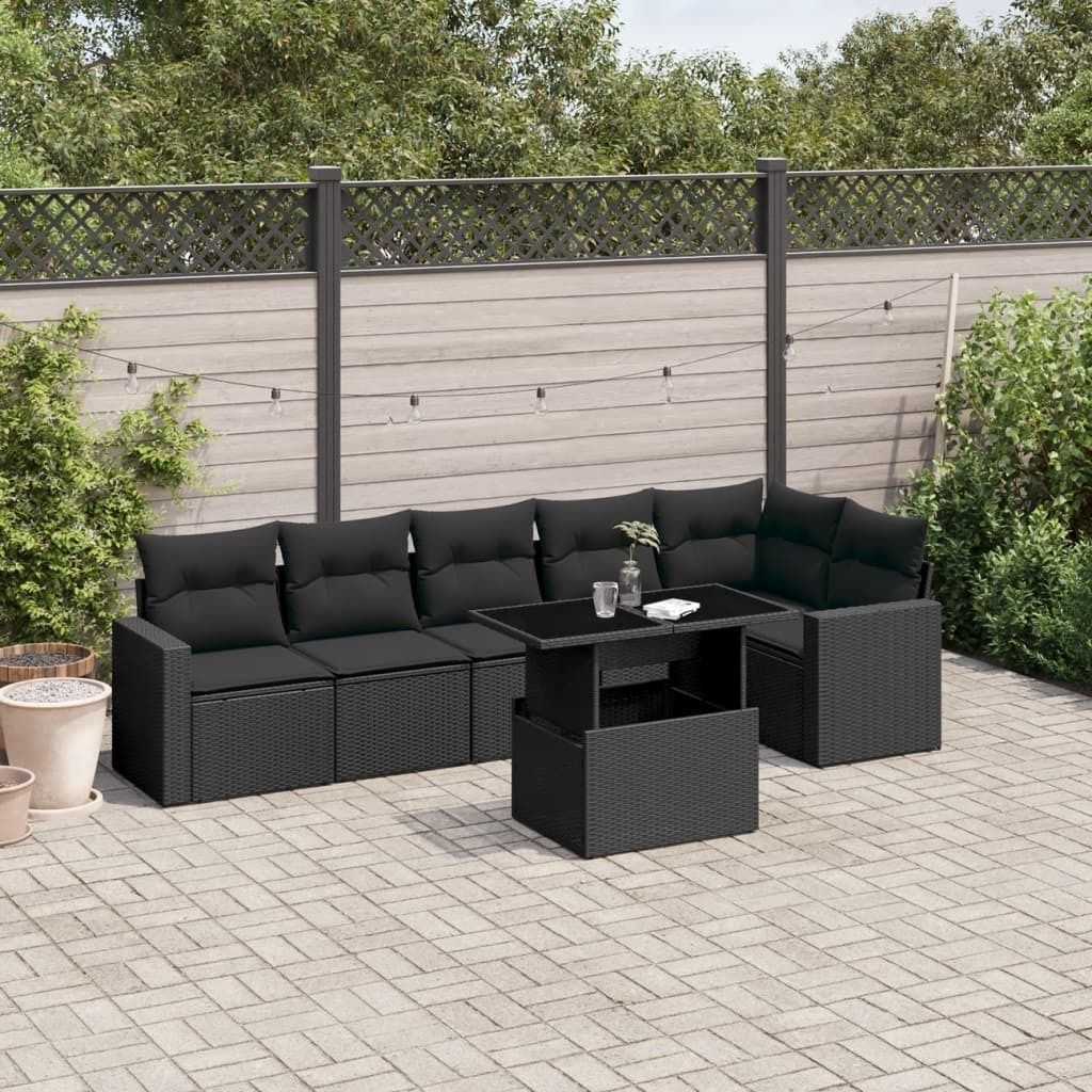 Möbel 7-tlg. Garten-Sofagarnitur mit Kissen Schwarz Poly Rattan - Loungegruppe 3267285