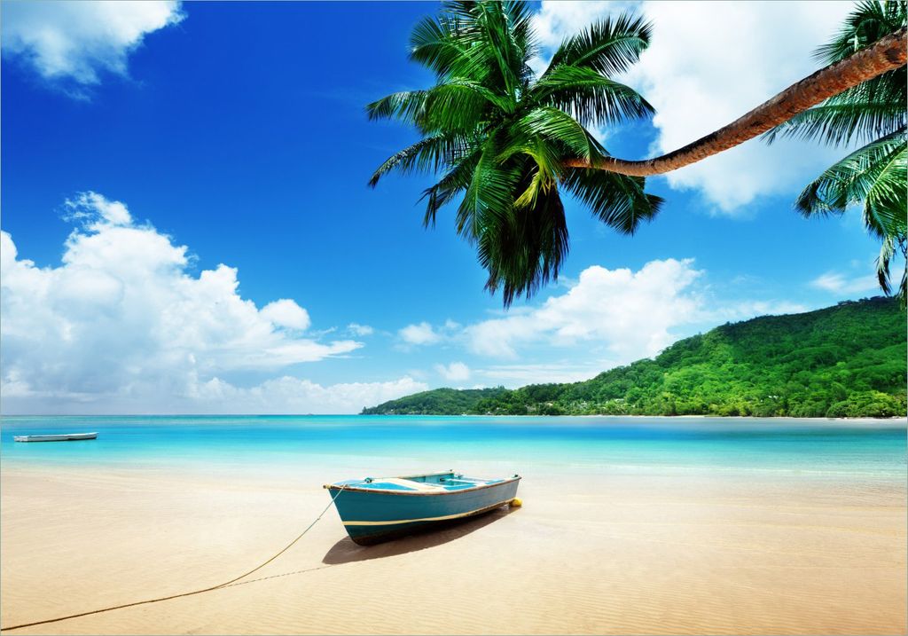 Wallario selbstklebendes Poster - Urlaub am Palmenstrand unter Palmen mit Fischerboot, Größe: 70 x 100 cm
