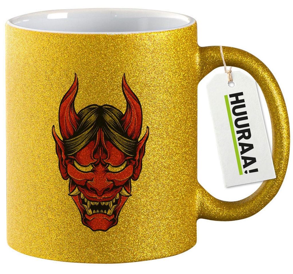 Huuraa Glitzertasse Oni Yōkai Japanische Mythologie 330ml Gold Keramik Kaffeebecher Geschenkidee