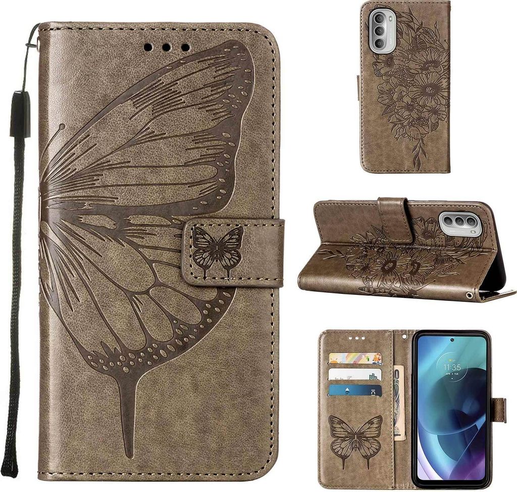 Moto G51 5G Hülle, Schmetterling Prägung Flip Leder Kartenfächer Schutzhülle Ledertasche mit Ständer für Motorola Moto G51 5G Grau