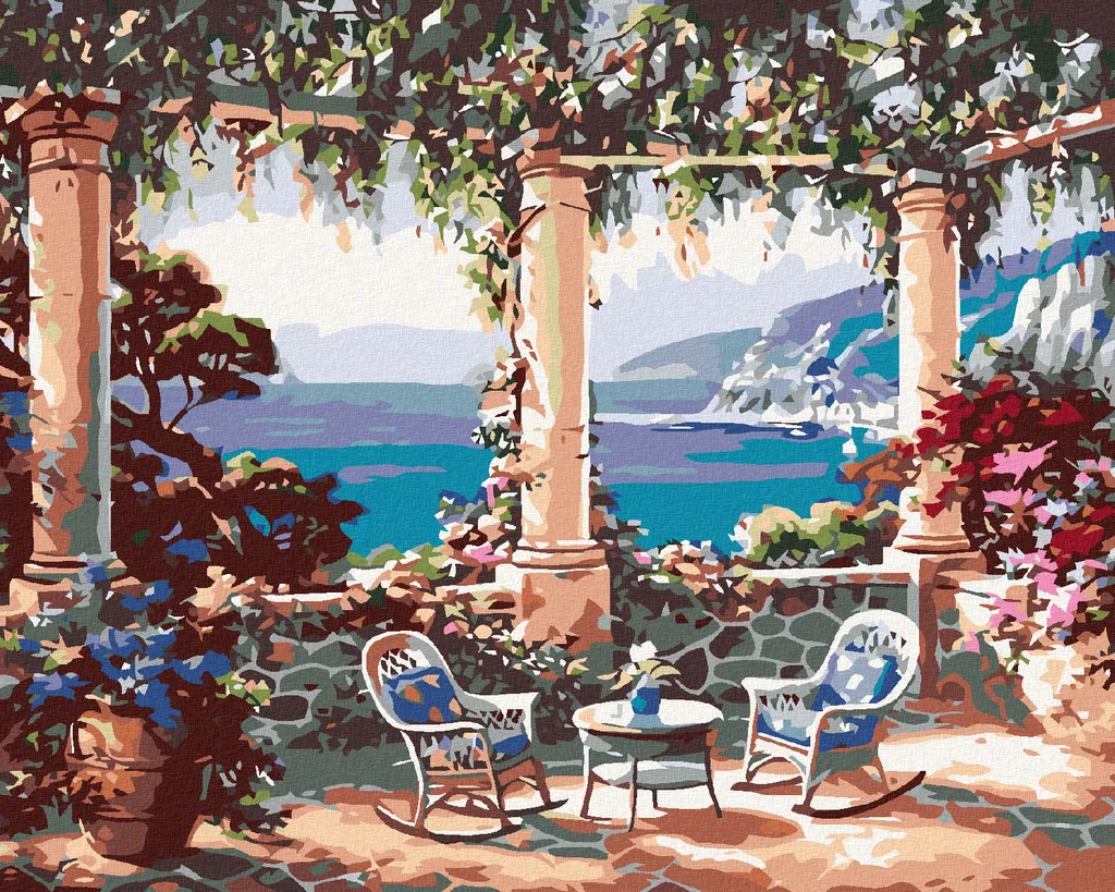 Zuty - Pittura con diamanti - POSEZENÍ S VÝHLEDEM NA MOŘE (Sedersi con vista sul mare), 40x50 cm, senza cornice e senza tela tesa
