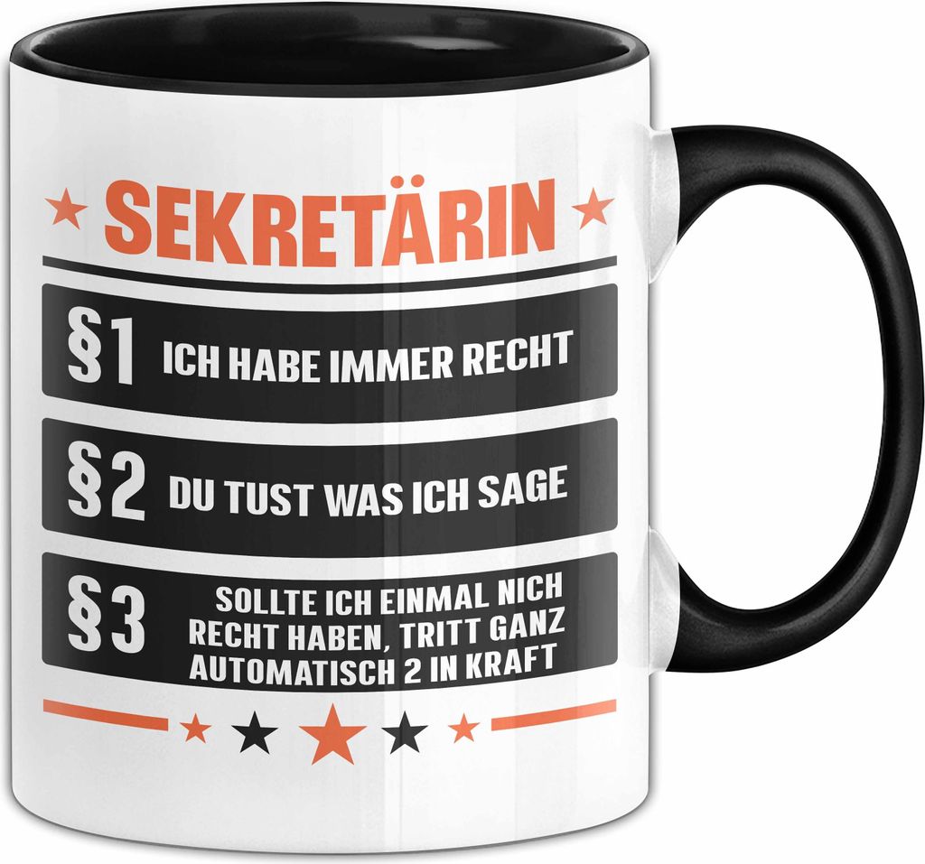 Sekretärin Tasse Geschenk Lustiger Spruch 3 Gesetze (Schwarz)