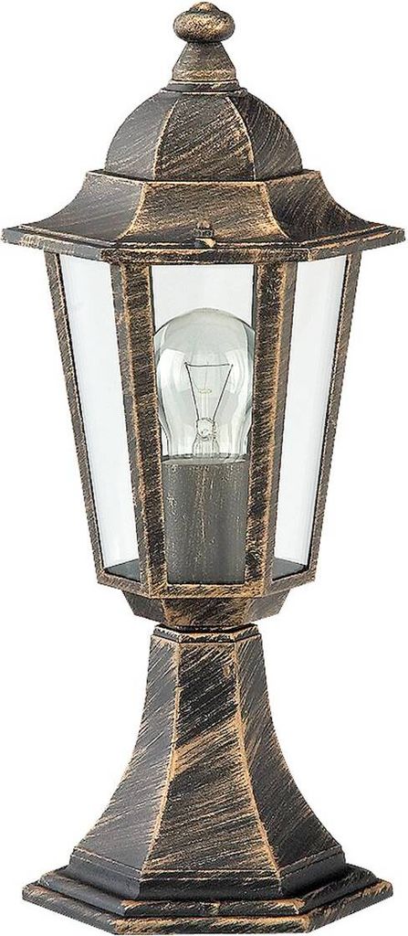 A classic outdoor lamp with a gold and black finish.