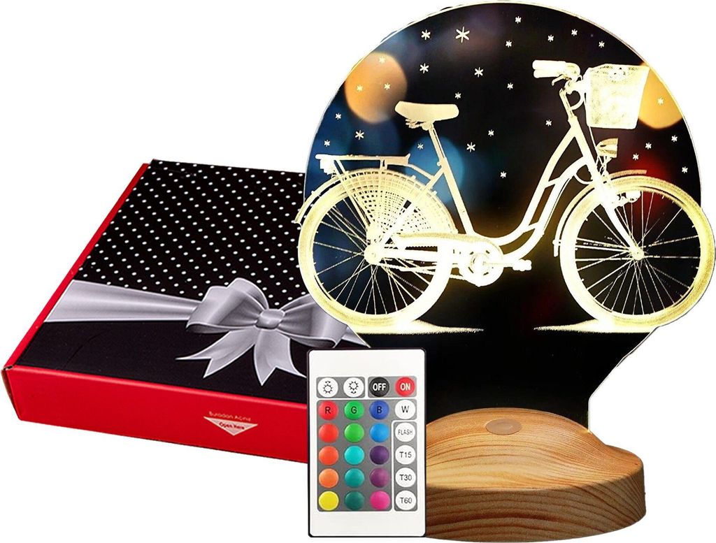 A gift box and a bicycle-shaped LED lamp with a remote control.