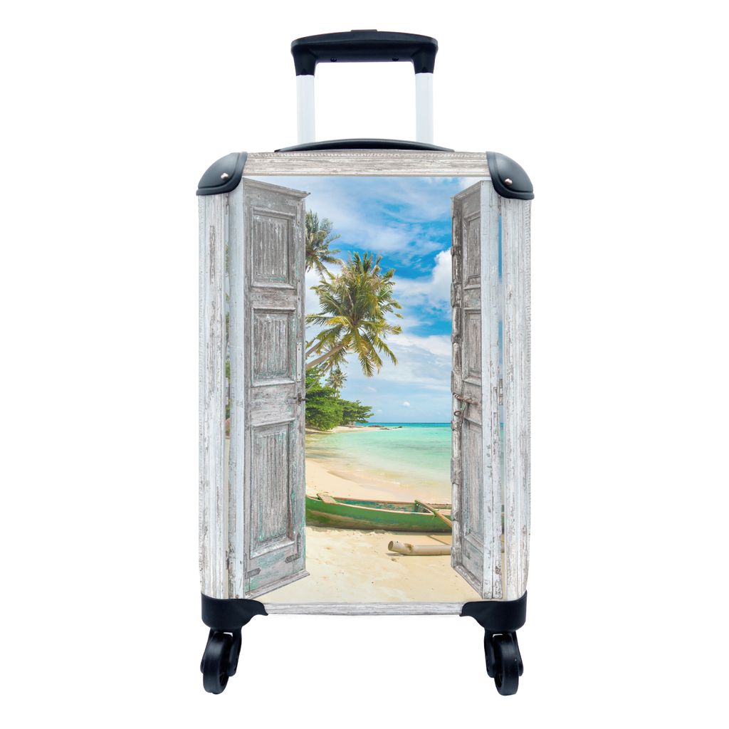 MuchoWow Koffer Handgepäck Trolley Rollkoffer Kleine Reisekoffer mit 4 Rollen - Kanu - Strand - Palme - Aussicht - Cabin Size < 55x40x23 cm & 55...
