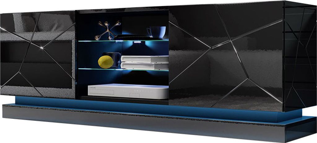 MIRJAN24 TV-Lowboard Qiu 160, Stilvoll TV-Schrank, Design, MDF-Platte (Schwarz / Schwarz Hochglanz, mit LED Beleuchtung)