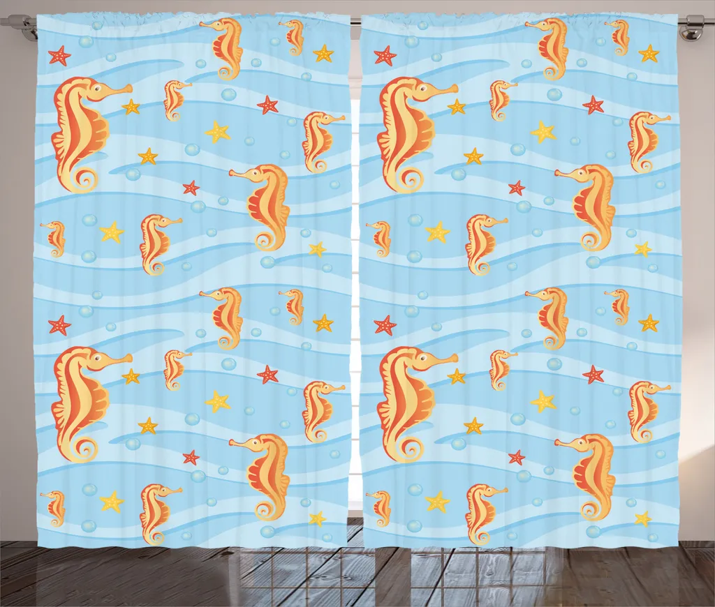 Rideau orange et bleu motif océan avec boucles et crochets 280x225 cm