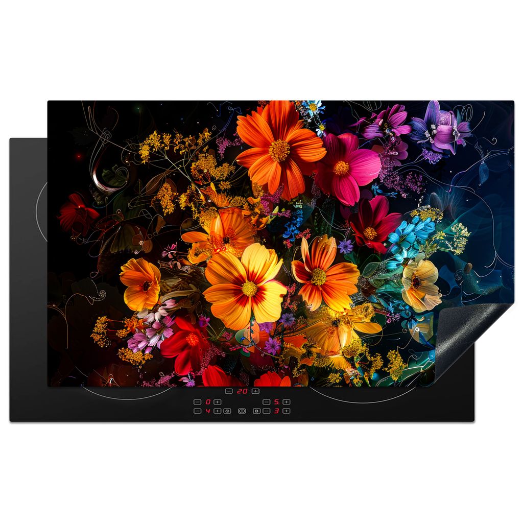 KitchenYeah Herdabdeckplatte Blumen - Bunt - Abstrakt - Kunst , 85x52cm, Küche Deko, Glaskeramikkochfeld Herdabdeckung, Abdeckplatte fùr Kochfeld